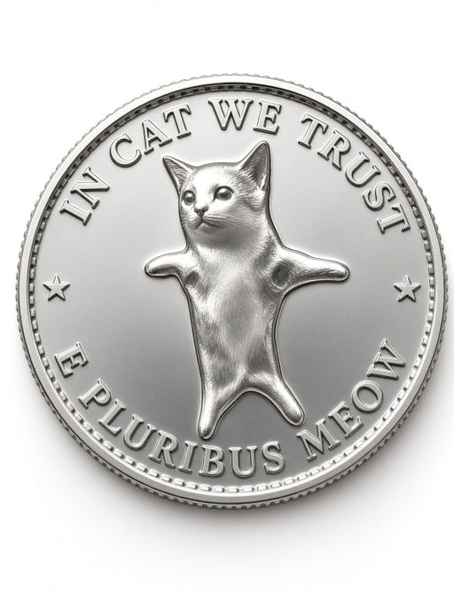 A silver commemorative coin features a standing cat with the inscriptions "IN CAT WE TRUST" and "E PLURIBUS MEOW," directly tying into the post's promotional airdrop claim for 25,000 $CATPE tokens by mirroring its cat-themed branding. The whimsical meme-style coin visually reinforces the presale campaign's call for users to follow, drop their Solana address, and send SOL to participate.
