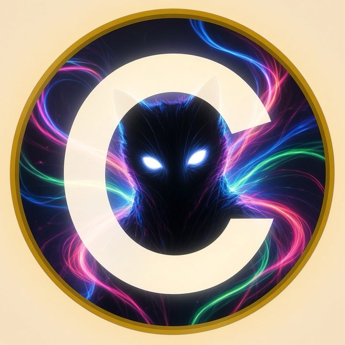 A stylized "C" logo features a dark cat with glowing white eyes emerging from a swirling vortex of neon pink, blue, and green energy, all encased within a golden circular border—visually representing the mysterious, hype-driven aura surrounding the $CATE memecoin.