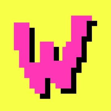 A pixel art image showing a pink butterfly-like shape on a bright yellow background.