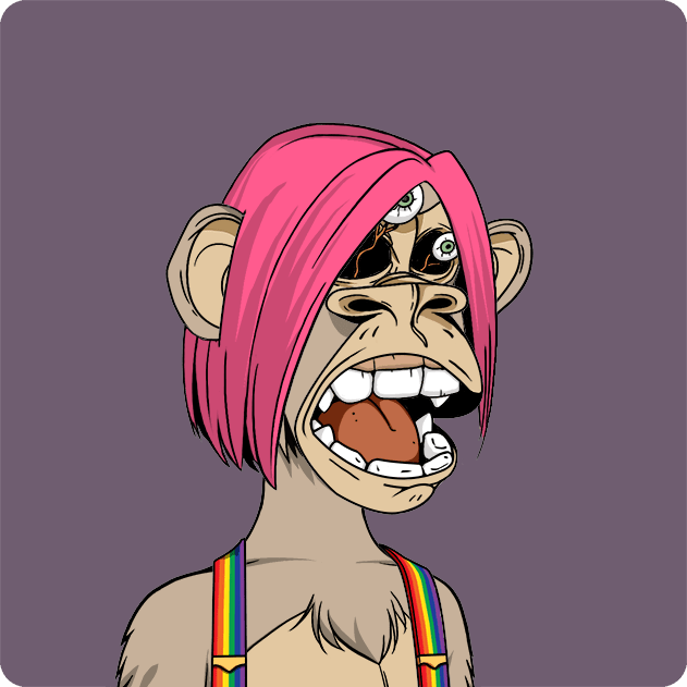 The image features a cartoon monkey with pink hair, wearing colorful suspenders and a rainbow-colored headband. The monkey has a big smile and appears to be laughing or making a funny face. The background of the image is purple, which contrasts with the bright colors of the monkey's attire. There are no texts present in the image.