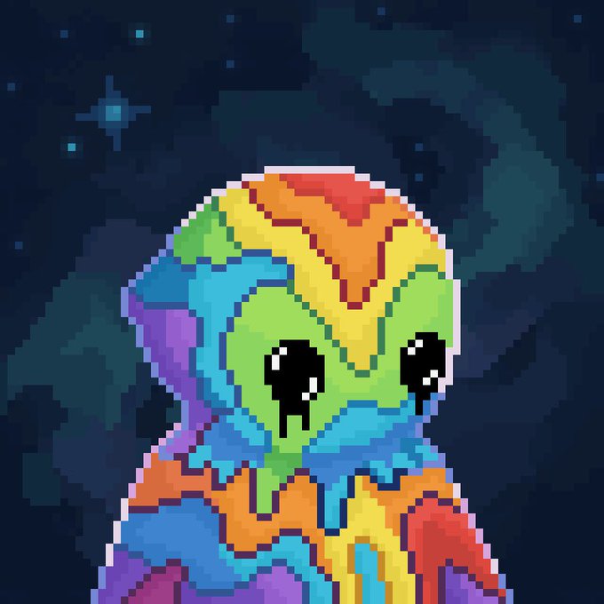 A pixel art chameleon in vibrant rainbow colors droops melting tears against a starry night background, its "crying over everything" mood perfectly capturing the weary "gm" (good morning) crypto sentiment.