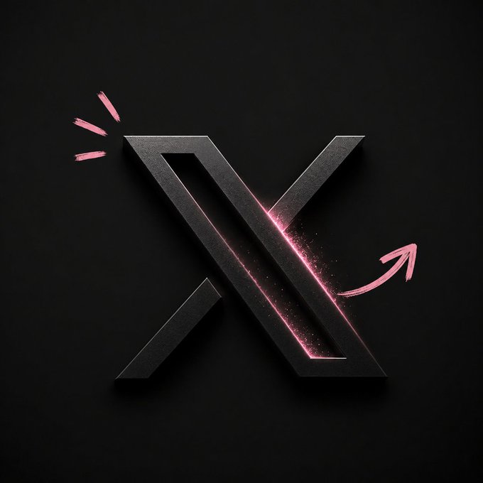 A stylized 3D black 'X' logo on a dark background, accented with pink glowing light streaks and hand-drawn style pink arrows pointing outward.