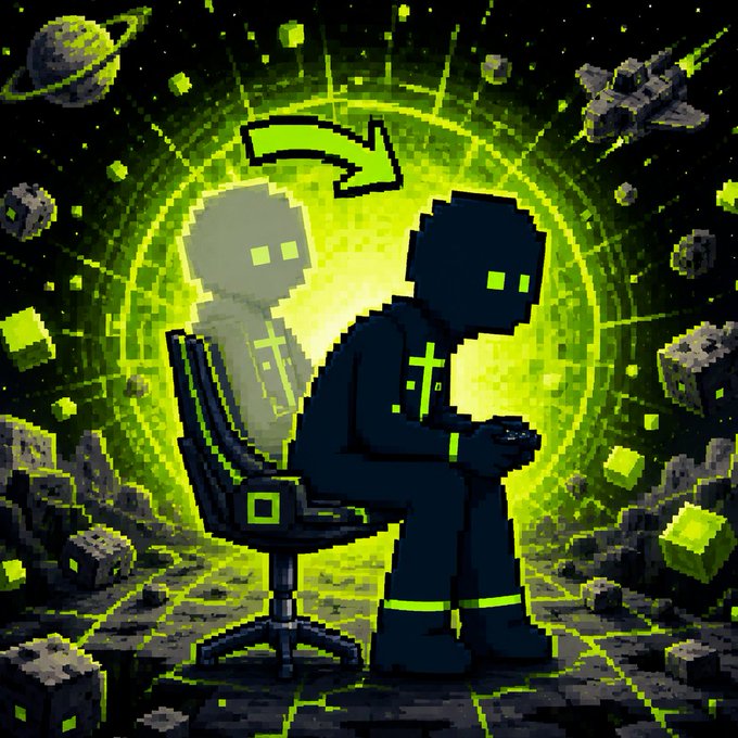 Pixel art depicts a shadowy figure with a cross necklace sitting on a chair holding a controller, with a green ghost-like duplicate behind it and a curved arrow overhead, set against a green cosmic backdrop.