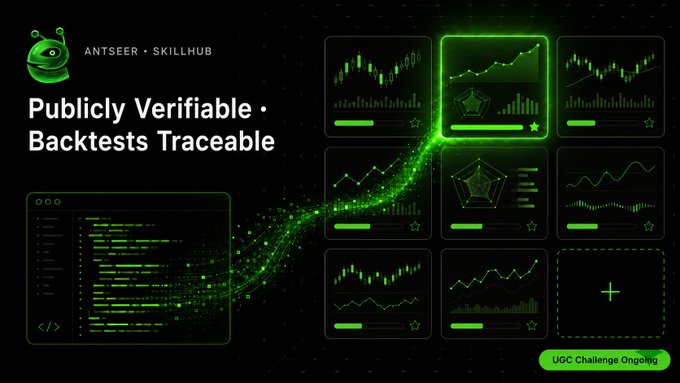 The image is a promotional graphic for "Antseer · SKILLHUB" featuring the tagline "Publicly Verifiable · Backtests Traceable," displaying a code editor on the left and a grid of stock chart tiles on the right with a "UGC Challenge Ongoing" button at the bottom right. The graphic visually ties to the post's theme by illustrating how openly published trading scripts—like the 13-year-old's Polymarket bot—can be transparently tracked and verified through accessible backtest data and community challenges.