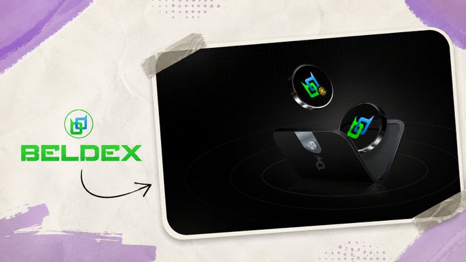 Beldex cryptocurrency promotional image featuring a dark device with two 'B' coin tokens floating above it, set against a black background with purple accents and the Beldex logo.