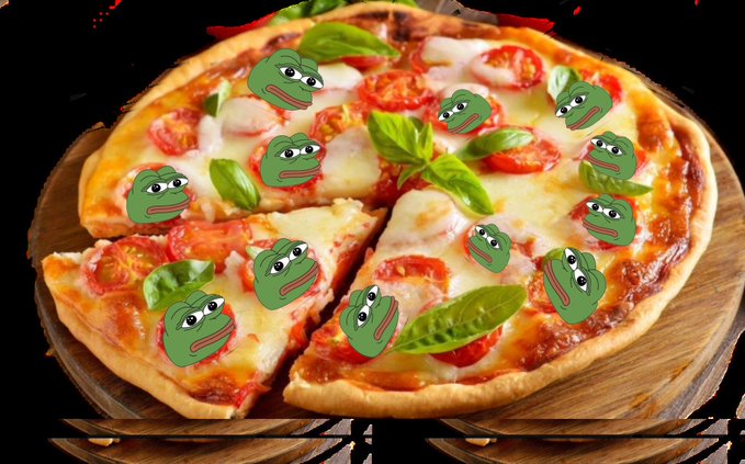 A pizza on a wooden board is topped with multiple small Pepe the Frog faces scattered across the cheese and basil.