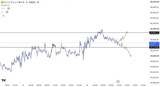 The image shows a Bitcoin/USD price chart on a 5-minute timeframe, with BTC trading at approximately $64,484.01, featuring horizontal support and resistance levels marked around $64,982.77, $64,619.88, and $64,319.88, with an arrow indicating potential upward momentum from a rebound — visually reinforcing the post's note about BTC's resilience and key price levels to watch after recovering from the $62,250 dip.