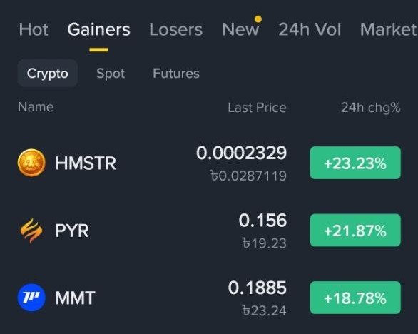 A cryptocurrency market screen showing top gainers including HMSTR at 0.0002329 (+23.23%), PYR at 0.156 (+21.87%), and MMT at 0.1885 (+18.78%).