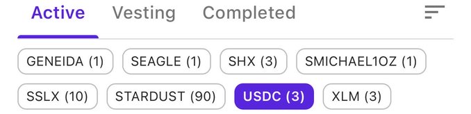 A user interface showing tabs for 'Active', 'Vesting', and 'Completed' with the 'Active' tab selected, displaying clickable tokens like GENEIDA, SEAGLE, STARDUST (90), and USDC (3).