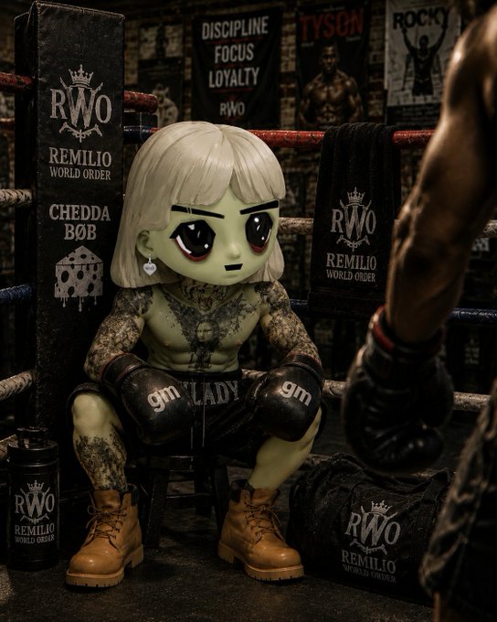 A small figure with light hair, tattoos, boxing gloves labeled 'gm', and 'gm LADY' shorts sits in a boxing ring corner surrounded by 'RWO REMILIO WORLD ORDER' and 'CHEDDA BOB' branded gear, with 'DISCIPLINE FOCUS LOYALTY' and 'TYSON' posters in the background.