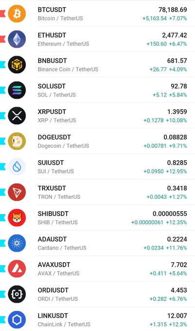 A cryptocurrency price list showing major coins against TetherUS (BTCUSDT, ETHUSDT, BNBUSDT, SOLUSDT, XRPUSDT, DOGEUSDT, SUIUSDT, TRXUSDT, SHIBUSDT, ADAUSDT, AVAXUSDT, ORDIUSDT, LINKUSDT) all displaying significant green gains.
