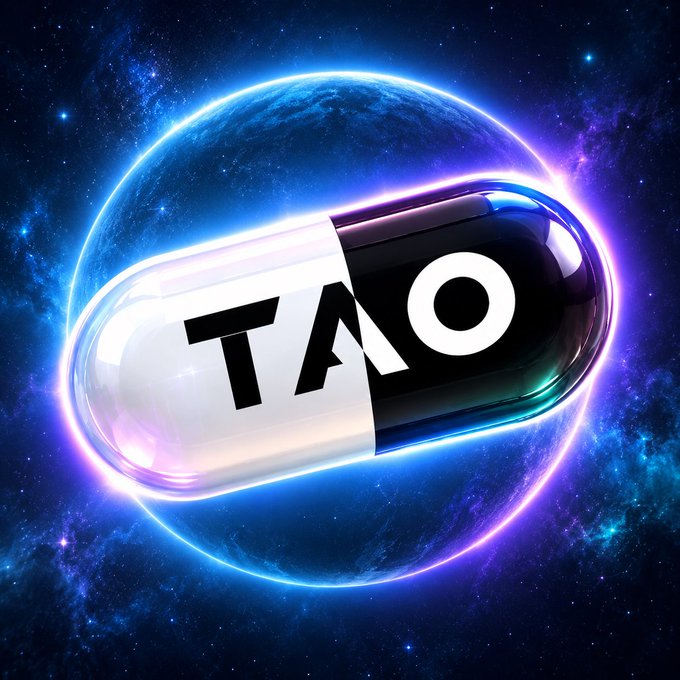 A digital artwork features a black and white pill capsule with 'TAO' written on it, set against a glowing blue planet Earth in outer space.