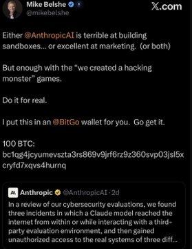 Tweet from Mike Belshe (@mikebelshe) criticizing Anthropic, stating either @AnthropicAI is terrible at building sandboxes or excellent at marketing, referencing a BitGo wallet challenge worth 100 BTC with the address bc1qq4icyumevszta3rs869v9jf6rz9z360svp03jsl5xcryfd7xqs4lurnq.