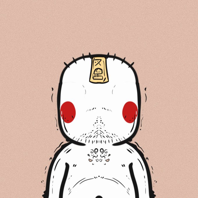 An illustration of a white figure with red eyes and stitches on a pink background, featuring a small talisman on its forehead.