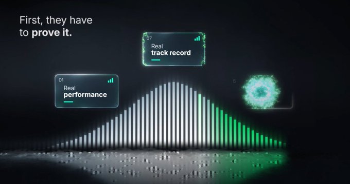 An advertisement or graphic with the text "First, they have to prove it." displaying cards labeled "01 Real performance" and "07 Real track record" over a bar graph visualization.