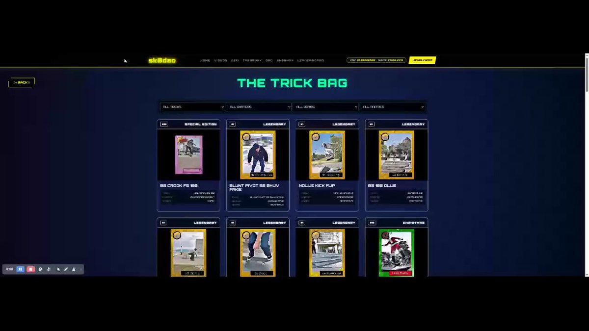 The image shows a webpage dedicated to trick bags, which are virtual items that players can collect and purchase within a video game. The main feature of this webpage is an updated section that adds new NFTs (Non-Fungible Tokens) to the Trunk area. These updated NFTs belong to various categories such as "Trick Bag", "Lunch Box", and "@skatecoinwax". The post also mentions a major update in the @skatecoinwax app, which adds new NFTs specifically related to the game "skateboards" (noun1) for players who own the Trunk bag. Additionally, there is an interesting piece of information about the "@WAX_io" and "@WAX_io.io" (noun2) from a social media post that says: "Major update to the @skatecoinwax @WAX_io Dapp! The crypto.clips (Trick) NFTs have been added under 
the 'Trick Bag' button on the Home Page along side the 'Trunk' and 'Lunch Box' NFTs." This indicates that the post is related to the main webpage, showcasing a connection between it and the updated Trunk area.