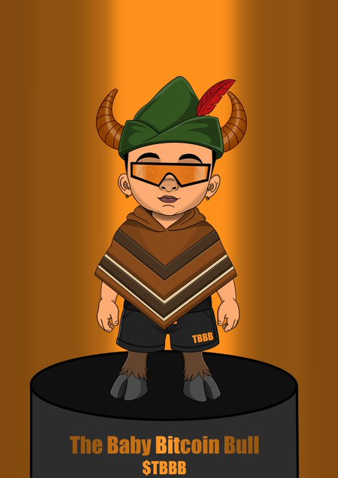 A cartoon character labeled 'The Baby Bitcoin Bull' and ticker '$TBBB', depicted as a horned, hooved figure wearing a green hat, sunglasses, and a brown poncho.