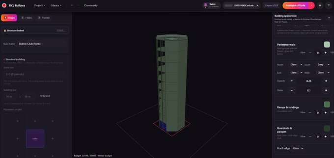 Web-based building interface (DCL Builders) showing a 3D cylindrical 'Dance Club Rome' structure with building experience stats and customization options.