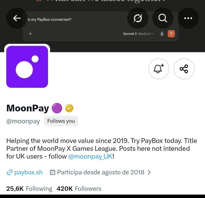 A Twitter/X profile page for 'MoonPay' (@moonpay) with a purple verified badge, 25.6K Following and 420K Followers, describing itself as 'Helping the world move value since 2019.'