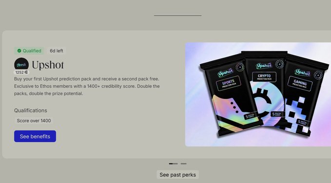 The image displays a promotional offer from Upshot with a "Qualified" badge indicating 6 days left, featuring three Upshot prediction packs (Sports, Crypto, and Gaming) on the right side. The offer reads "Buy your first Upshot prediction pack and receive a second pack free. Exclusive to Ethos members with a 1400+ credibility score," which aligns with the post's mention of a free pack from Upshot available to Ethos members with a score above 1400.