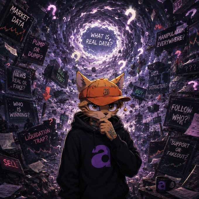 An anime-style cat character in an orange cap and hoodie thinking, surrounded by floating screens with questions like "MARKET DATA?", "PUMP OR DUMP?", "WHO IS WINNING?", and "WHAT IS REAL DATA?".