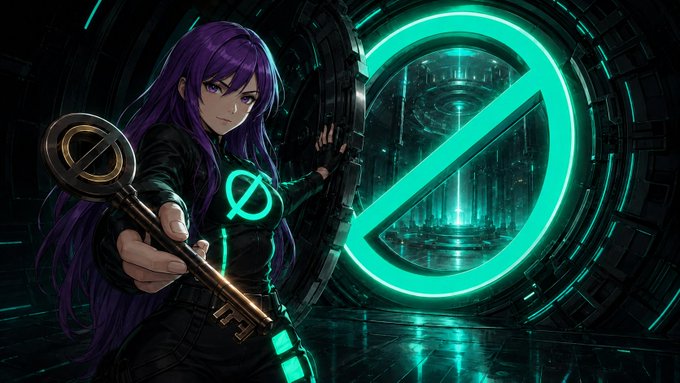 An anime-style illustration of a purple-haired woman in a black outfit holding a large golden key, standing in front of a glowing teal PulseChain logo.