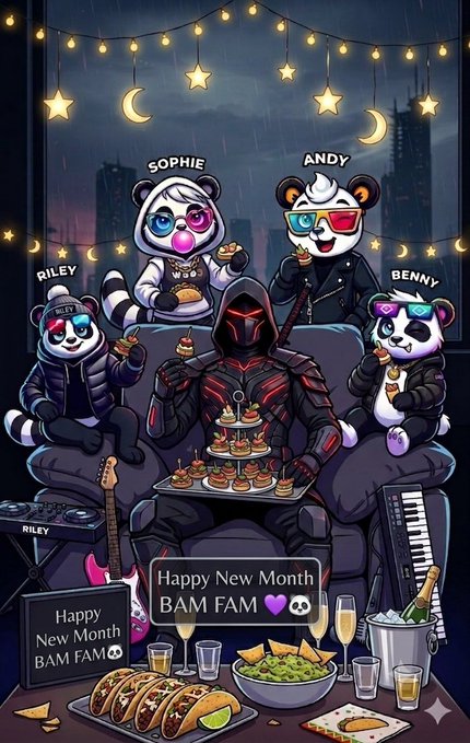 A digital illustration of cartoon pandas wearing sunglasses and a hooded character labeled 'BAM FAM', celebrating 'Happy New Month' with tacos, cupcakes, and party lights.