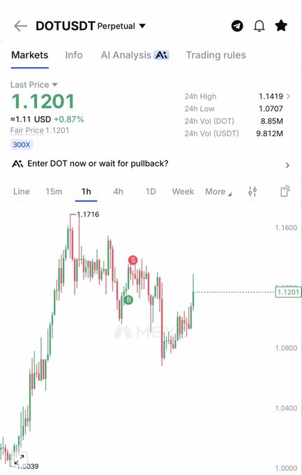 A crypto trading chart from MEXC for 'DOTUSDT Perpetual' showing a last price of '1.1201' (≈1.11 USD) with a 24h high of 1.1419 and 24h low of 1.0707.