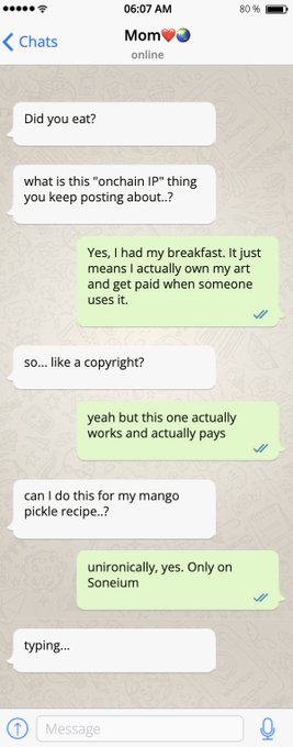 A screenshot of a WhatsApp chat with "Mom" showing a conversation about onchain IP, where the sender explains it's like copyright that actually works, and Mom jokingly asks if she can mint her mango pickle recipe on Soneium. The exchange humorously reflects the post's caption "Mom wants to mint" as Mom considers applying blockchain IP protection to her pickle recipe.