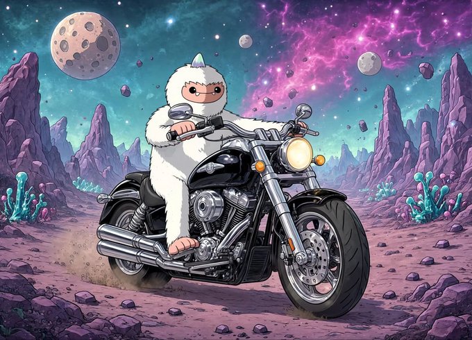 An illustrated artwork of a character in a white yeti/furry costume riding a black motorcycle through a cosmic alien landscape with purple mountains, pink nebula skies, planets, and crystalline vegetation.