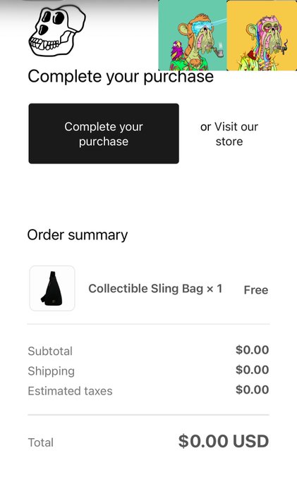 Checkout page showing 'Complete your purchase' with a free 'Collectible Sling Bag' and a $0.00 USD total.