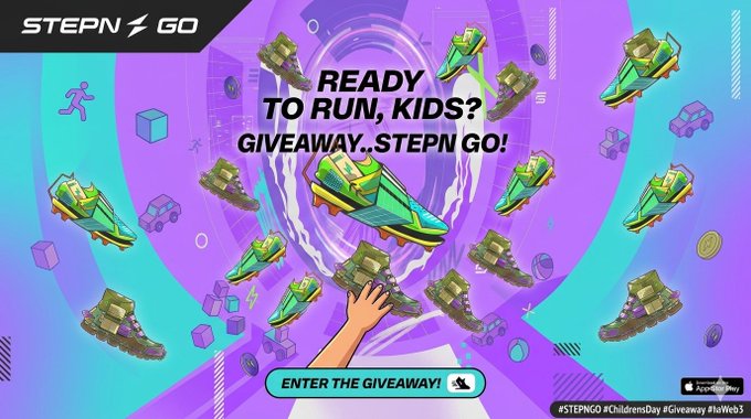 The image features a poster for an event called "CHILDREN'S DAY GIVEAWAY!". The poster includes a cartoon depiction of a person holding up a pair of green sneakers, with the text "This June 1st we are celebrating energy, smiles and healthy habits! I am giving away 10 STEPN GO Sneakers to 10 active parents, future parents or mentors!" The poster also contains an image of a person's hand reaching out towards the sneakers.