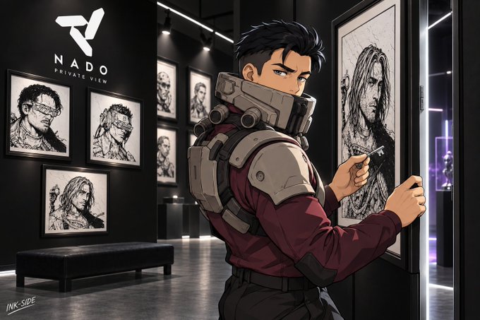 An anime-style illustration of a man in tactical gear examining an artwork in a gallery labeled 'NADO PRIVATE VIEW,' featuring sketches of wrestlers with an 'INK-SIDE' watermark.