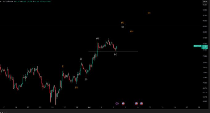 A 2-hour Coinbase SOL/USD chart displays an Elliott Wave count labeling a five-wave impulse higher, with wave (v) near $81.50 and projected targets marked in the high $80s to $90s, supporting the post's bullish thesis contingent on holding the recent low.