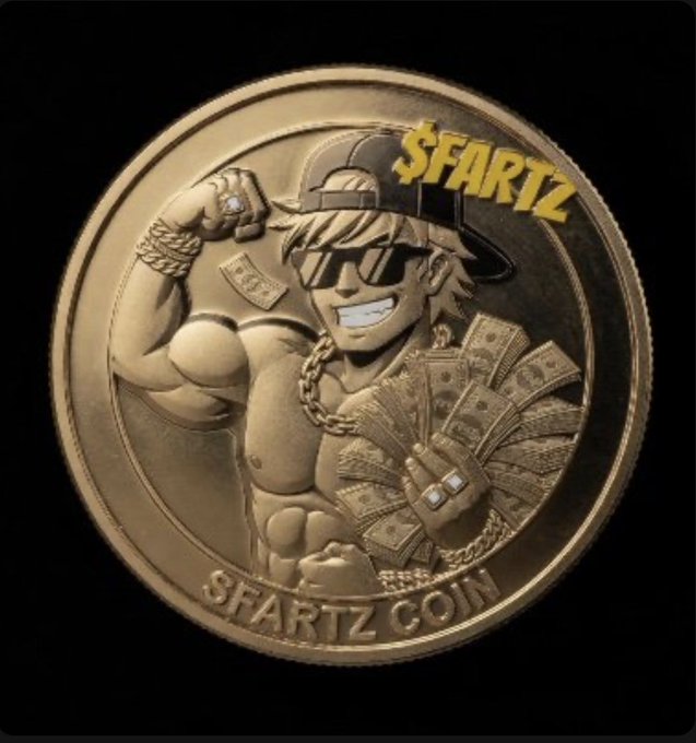 The image features a gold coin with a cartoon character holding money, wearing sunglasses and a baseball cap. The text "FARTZ" is written above the character's head, indicating that this is an advertisement for a cryptocurrency called Fartz. The coin has been designed in such a way to make it visually appealing and engaging, which can help attract potential investors or users of the cryptocurrency.