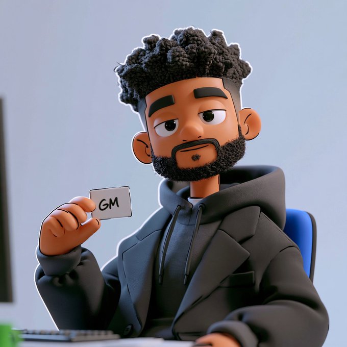 A 3D animated cartoon-style character with curly hair and a beard holds up a small card that reads 'GM' while wearing a dark hoodie and jacket.