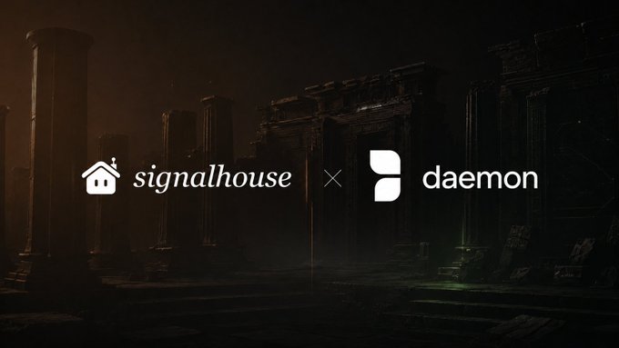 The image features a logo for SignalHouse and Daemon, both white with black text. The SignalHouse logo is positioned above the Daemon logo, indicating that they are associated with each other. The background of the image is dark, which contrasts with the white logos and makes them stand out more prominently.