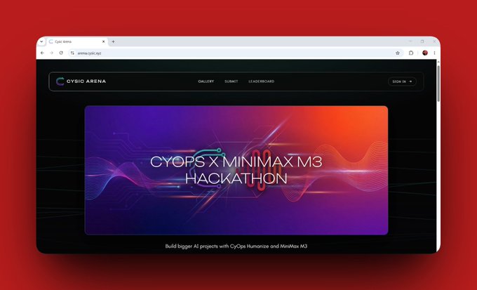 The image shows a computer screen displaying a website called "cyoHs x minimax m3 hackathon" with a purple background featuring a wave-like pattern, and the text "cyoHs x minimax m3 hackathon". The website appears to be related to a hackathon event or competition.