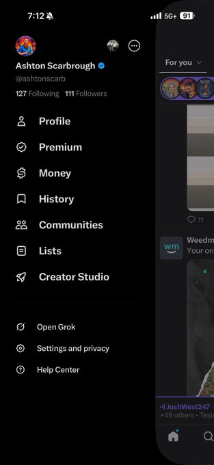 A screenshot of an X (Twitter) profile menu for Ashton Scarbrough (@ashtonscarb) showing 127 Following and 111 Followers.