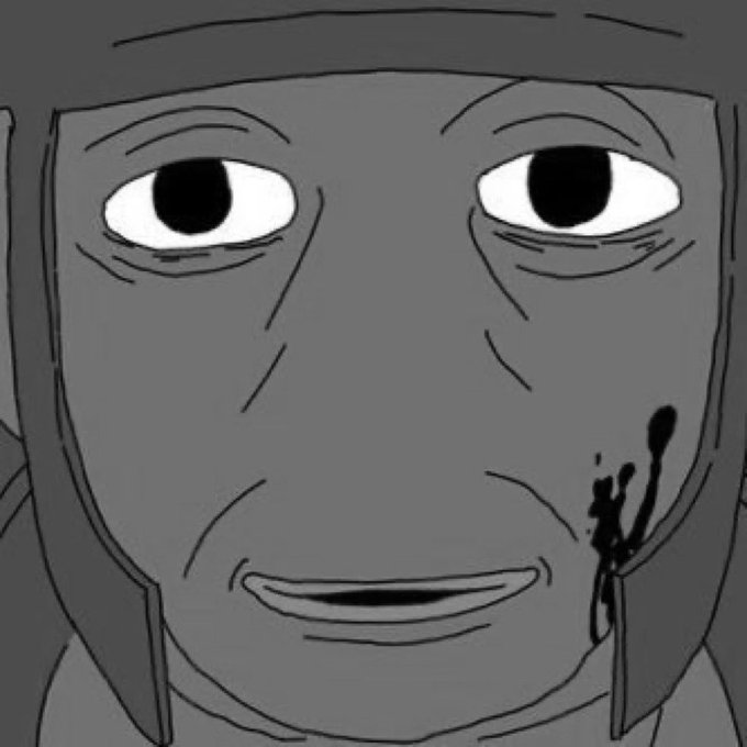 A grayscale Wojak-style illustration showing a close-up of a weary, smiling face with a noticeable black bruise or wound on the cheek, paired with a post mockingly expressing disappointment that user @imperooterxbt "woke up alive and well." The image's battered, dejected appearance humorously reinforces the post's dark comedic tone implying misfortune was expected.
