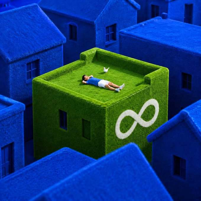 A surreal 3D-rendered scene featuring a child lying on the grass-covered roof of a green block-shaped house marked with a white infinity symbol, surrounded by similar blue houses in a stylized neighborhood.