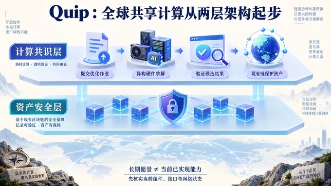 Chinese infographic titled 'Quip: 全球共享计算从两层架构起步' explaining a two-layer architecture for global shared computing with icons for computing consensus and asset security layers.