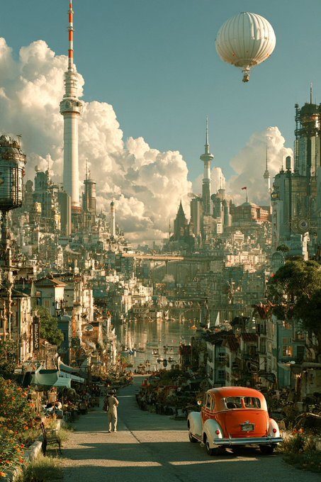 A steampunk-style digital illustration of a futuristic city with tall spires, white buildings, a river, a vintage red car, and a white blimp floating in a cloudy sky.