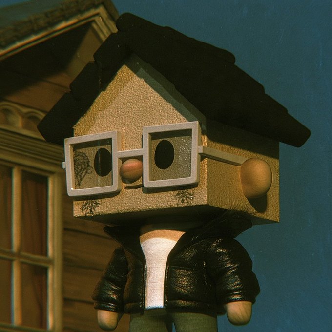 A figure wears a black leather jacket and white shirt, but his head is replaced by a birdhouse with large glasses perched on the front. The surreal, toy-like figure stands against a backdrop of a weathered house with a window, matching the heartfelt, creative spirit of completing a batch of special requests.