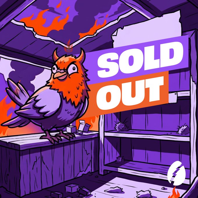 A cartoon orange bird with small devil horns stands triumphantly on a wooden crate amid a burned-out scene with empty purple shelves, alongside a bold "SOLD OUT" sign. The image playfully illustrates the post's claim that all 3,000 NFTs sold out in just 30 seconds, with the chaotic, devasted environment humorously emphasizing the explosive demand.