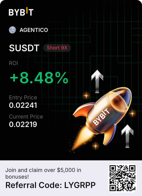 A Bybit promotional graphic showing an AGENTICO short position on SUSDT with +8.48% ROI, entry price 0.02241 and current price 0.02219, featuring a rocket illustration and a referral code 'LYGRP' with a QR code for bonuses.