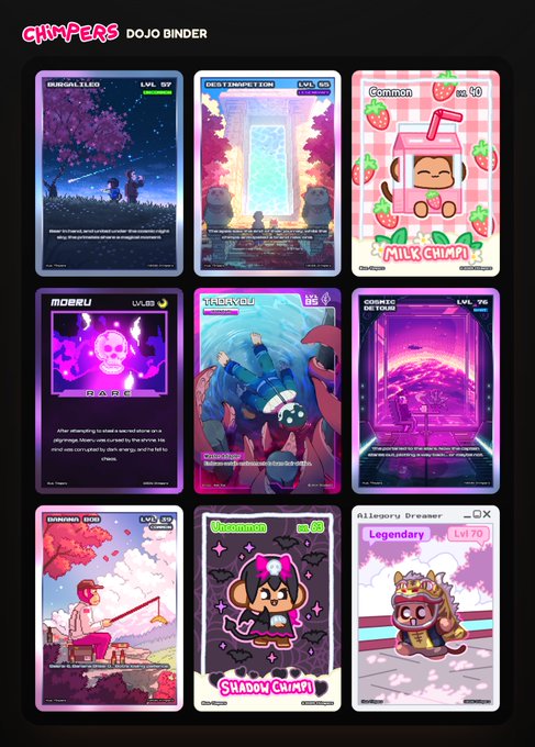 'CHHAPERS DOJO BINDER' collection displaying nine colorful trading cards featuring characters like 'BIRBALZEO', 'NEXTINCARNATION', 'MILK CHHAPI', 'MOERU', 'CHIPPED', 'COSMIC CORTEX', 'SKATING BUD', 'SHADOW CHHAPI', and 'Allegory Dreamer'.