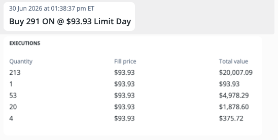 The image shows a stock purchase confirmation for 291 shares of ON at $93.93, executed in five separate fills (213, 1, 53, 20, and 4 shares) for a total value of approximately $20,009.09, supporting the post's mention of adding more $ON shares.