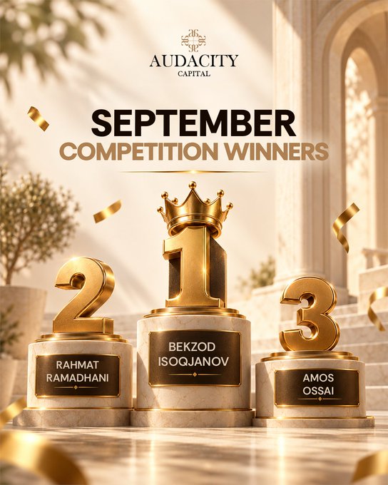 An elegant golden-themed 'SEPTEMBER COMPETITION WINNERS' announcement from AUDACITY CAPITAL showing a podium with three winners: Bekzod Isoqjanov (1st), Rahmat Ramadhani (2nd), and Amos Ossai (3rd).