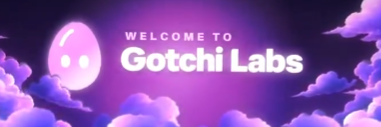 A digital banner with purple and pink clouds displays "WELCOME TO Gotchi Labs" next to a cute purple egg-like character with a smiling face.